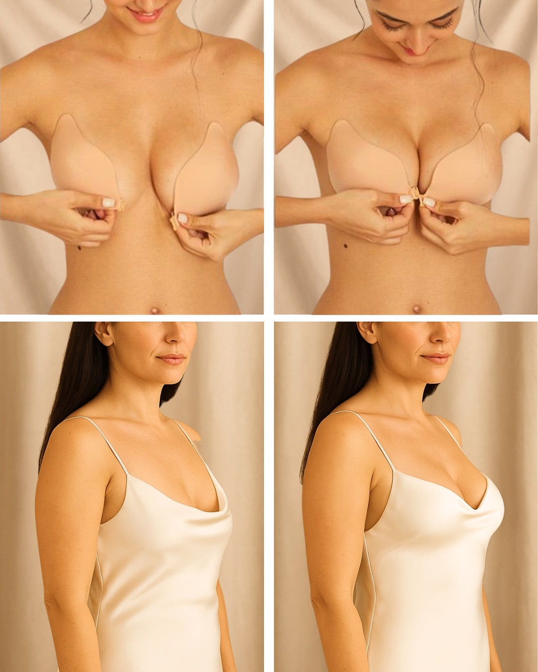 Four panel collage of a woman wearing a beige bra and white tank top against a neutral background.
